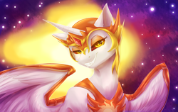 Size: 3000x1900 | Tagged: safe, artist:peachmayflower, character:daybreaker, character:princess celestia, species:alicorn, species:pony, episode:a royal problem, g4, my little pony: friendship is magic, beautiful, evil grin, fangs, female, grin, helmet, mane of fire, mare, smiling, solo