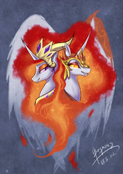 Size: 2480x3507 | Tagged: safe, artist:begasus, character:daybreaker, character:nightmare star, character:princess celestia, species:alicorn, species:pony, episode:a royal problem, g4, my little pony: friendship is magic, crown, day star, duality, female, helmet, jewelry, lesbian, mare, regalia, shipping, smiling