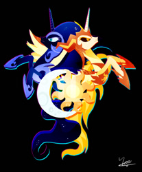 Size: 600x723 | Tagged: safe, artist:ii-art, character:daybreaker, character:nightmare moon, character:princess celestia, character:princess luna, species:alicorn, species:pony, episode:a royal problem, g4, my little pony: friendship is magic, black background, duo, female, helmet, mare, royal sisters, simple background, sisters, watermark