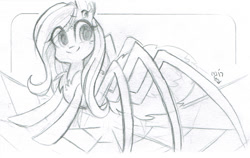 Size: 800x505 | Tagged: safe, artist:meekcheep, character:fluttershy, chest fluff, female, looking away, monochrome, monster pony, multiple eyes, original species, smiling, solo, species swap, spider web, spiderpony, spidershy, traditional art