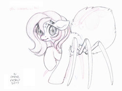 Size: 800x600 | Tagged: safe, artist:onnanoko, character:fluttershy, chest fluff, cute, cute little fangs, fangs, female, floppy ears, hi, looking at you, monochrome, monster pony, multiple eyes, original species, raised hoof, solo, species swap, spiderpony, spidershy, traditional art