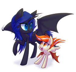 Size: 900x848 | Tagged: safe, artist:meekcheep, oc, oc only, oc:midnight storm, oc:squeaky wings, species:alicorn, species:bat pony, species:kirin, species:pony, fanfic:the witching hour, alicorn oc, duo, raised hoof, simple background, transparent background, wing claws