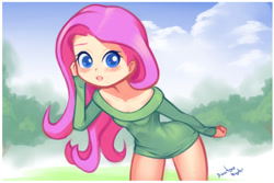 Size: 1080x720 | Tagged: safe, artist:drantyno, character:fluttershy, species:human, g4, blushing, bottomless, breasts, brushing hair behind ear, clothing, cloud, colored eyebrows, colored pupils, delicious flat chest, eyebrows, female, flattershy, forest, humanized, looking at you, open mouth, partial nudity, shirt, signature, solo