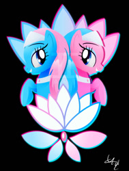 Size: 600x795 | Tagged: safe, artist:ii-art, character:aloe, character:lotus blossom, species:earth pony, species:pony, black background, cute, duo, female, mare, simple background, smiling, spa twins, spaww twins