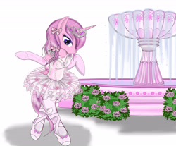 Size: 4700x3900 | Tagged: safe, artist:avchonline, oc, oc only, oc:tutu twinkletoes, species:pony, species:unicorn, absurd resolution, ballerina, ballet slippers, bipedal, canterlot royal ballet academy, clothing, dress, evening gloves, female, flower, fountain, gloves, hello kitty, jewelry, long gloves, mare, pantyhose, rose, sanrio, semi-anthro, simple background, solo, tiara, tutu, tututiful, white background