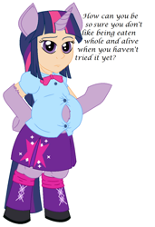 Size: 837x1222 | Tagged: safe, artist:adlaz, character:twilight sparkle, abomination, bipedal, chubby, equestria girls outfit, fat, female, hybrid, implied vore, simple background, solo, sphinxlight sparkle, twipred, white background