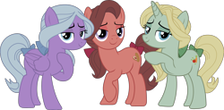 Size: 3561x1751 | Tagged: safe, artist:sonofaskywalker, character:dear darling, character:fond feather, character:swoon song, species:earth pony, species:pegasus, species:pony, species:unicorn, episode:hard to say anything, g4, my little pony: friendship is magic, bimbettes, bread, carrot, cutie mark, female, lidded eyes, mare, raised hoof, simple background, tomato, transparent background, trio, trio female, vector