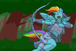 Size: 1200x804 | Tagged: safe, alternate version, artist:ethanqix, patreon reward, character:rainbow dash, species:anthro, species:pegasus, species:pony, archer dash, armpits, arrow, bow (weapon), bow and arrow, clothing, female, forest, mare, midriff, muscles, open mouth, patreon, patreon logo, quiver, shorts, solo, tank top, tree, vest, weapon