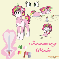 Size: 2000x2000 | Tagged: safe, artist:floofyfoxcomics, oc, oc only, oc:shimmering blade, species:pony, species:unicorn, arachnophobia, female, high res, magic, mare, reference sheet, scared, simple background, solo, spider, sword, weapon, yellow background