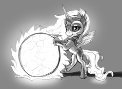 Size: 908x657 | Tagged: safe, artist:wwredgrave, character:daybreaker, character:princess celestia, species:alicorn, species:pony, episode:a royal problem, g4, my little pony: friendship is magic, antagonist, armor, ball, beautiful, chibi, cute, diabreaker, female, fire, helmet, majestic, mare, sketch, smiling, solo, spread wings, sun, wings