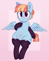 Size: 906x1136 | Tagged: safe, artist:toroitimu, character:windy whistles, species:pegasus, species:pony, belly button, child bearing hips, clothing, female, mare, smiling, solo, spread wings, stockings, thigh highs, wide hips, wings