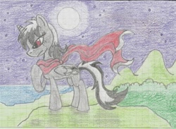 Size: 1703x1250 | Tagged: safe, artist:nephilim rider, oc, oc only, oc:heaven lost, species:pony, cape, clothing, graph paper, hybrid, moon, nephilim, night, ocean, scarf, solo, traditional art