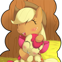 Size: 1200x1200 | Tagged: safe, artist:hoyeechun, character:apple bloom, character:applejack, species:earth pony, species:pony, blushing, duo, eyes closed, female, hay, siblings, sisters, tickling