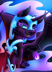Size: 1446x2000 | Tagged: safe, artist:midnightsix3, character:nightmare moon, character:princess luna, species:alicorn, species:pony, fangs, female, helmet, hoof shoes, mare, open mouth, smiling, solo
