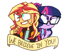 Size: 1378x999 | Tagged: safe, artist:psychodiamondstar, character:sunset shimmer, character:twilight sparkle, character:twilight sparkle (scitwi), species:eqg human, my little pony:equestria girls, clothing, duo, glasses, jacket, motivational, positive ponies, shirt, simple background, smiling, transparent background