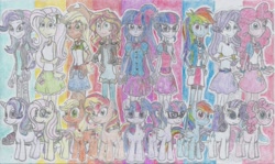 Size: 2482x1477 | Tagged: safe, artist:nephilim rider, character:applejack, character:fluttershy, character:pinkie pie, character:rainbow dash, character:rarity, character:starlight glimmer, character:sunset shimmer, character:twilight sparkle, character:twilight sparkle (alicorn), character:twilight sparkle (scitwi), species:alicorn, species:eqg human, species:pony, my little pony:equestria girls, alternate mane seven, human ponidox, humane five, humane seven, humane six, mane six, ponidox, self ponidox, traditional art