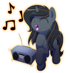Size: 988x1034 | Tagged: safe, artist:acersiii, oc, oc only, oc:luminous siren, species:pony, species:unicorn, boombox, cute, eyes closed, female, mare, music notes, ocbetes, open mouth, simple background, singing, solo, transparent background