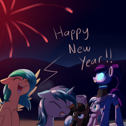 Size: 1000x1000 | Tagged: safe, artist:acersiii, oc, oc only, oc:bluescreen pony, oc:luminous siren, oc:moon bright, oc:solar tide, species:pony, fireworks, happy new year, happy new year 2017, holiday