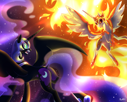 Size: 3500x2800 | Tagged: safe, artist:renokim, character:daybreaker, character:nightmare moon, character:princess celestia, character:princess luna, species:alicorn, species:pony, episode:a royal problem, g4, my little pony: friendship is magic, fangs, female, fight, mare, royal sisters, smiling