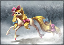 Size: 1024x724 | Tagged: safe, artist:begasus, oc, oc only, oc:luo, species:pony, species:unicorn, bow, clothing, commission, female, hair bow, hat, looking back, mare, smiling, snow, snowfall, solo, tail bow, tree