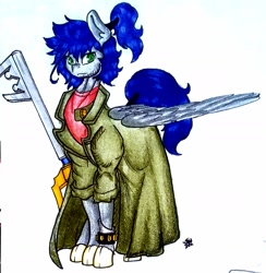 Size: 1789x1836 | Tagged: safe, artist:pantheracantus, oc, oc only, oc:ruituri nox, species:pony, clothing, coat, colored, keyblade, kingdom hearts, one winged pegasus, ponytail, traditional art