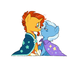 Size: 946x814 | Tagged: safe, artist:pikokko, edit, character:sunburst, character:trixie, species:pony, species:unicorn, ship:trixburst, blush sticker, blushing, cape, clothing, eye contact, female, lidded eyes, looking at each other, male, mare, raised hoof, shipping, simple background, sitting, smiling, stallion, straight, sunburst's robe, trixie's cape, white background