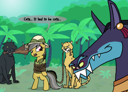 Size: 1000x723 | Tagged: safe, artist:professor-ponyarity, character:ahuizotl, character:daring do, bipedal, cheetah, dialogue, jungle, mouth hold, panther, rope, speech bubble, tied up