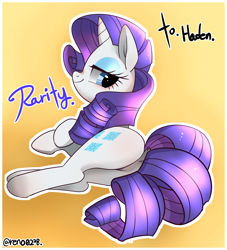 Size: 2000x2200 | Tagged: safe, artist:renokim, character:rarity, species:pony, species:unicorn, featureless crotch, female, looking at you, looking back, mare, plot, prone, rear view, rearity, simple background, smiling, solo