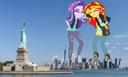 Size: 2880x1726 | Tagged: safe, artist:cmwaters, artist:seahawk270, character:starlight glimmer, character:sunset shimmer, species:human, species:pony, equestria girls:mirror magic, g4, my little pony: equestria girls, my little pony:equestria girls, spoiler:eqg specials, city, clothing, equestria girls in real life, giant human, giant pony, giantess, irl, macro, new york city, one world trade center, photo, ponies in real life, statue of liberty