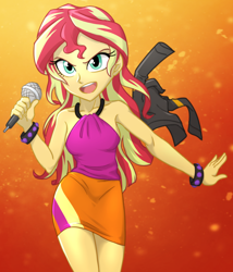 Size: 900x1050 | Tagged: safe, artist:ta-na, character:sunset shimmer, equestria girls:rainbow rocks, g4, my little pony: equestria girls, my little pony:equestria girls, beautiful, clothing, cute, female, jacket, leather jacket, microphone, scene interpretation, singing, skirt, sleeveless, solo, the coats are off, welcome to the show