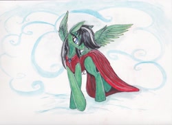 Size: 2333x1701 | Tagged: safe, artist:scribblepwn3, oc, oc only, species:pegasus, species:pony, clothing, cloud, commission, dress, female, pen drawing, red dress, solo, traditional art, watercolor painting