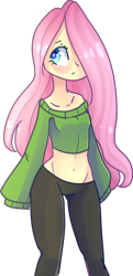 Size: 726x1499 | Tagged: safe, artist:emily-826, character:fluttershy, species:human, belly button, breasts, clothing, delicious flat chest, female, flattershy, hair over one eye, humanized, midriff, pony coloring, short shirt, simple background, solo, sweater, sweatershy, transparent background