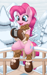 Size: 2180x3440 | Tagged: safe, artist:ohemo, character:pinkie pie, species:pony, blue eyes, boots, bridge, brown scart, brown socks, chocolate, clothing, cute, digital art, female, food, forest, hoof boots, hot chocolate, looking at something, mountain, open mouth, pink coat, pink hair, pink mane, pink tail, plaid, plaid scarf, plaid socks, pom pom (clothes), river, scarf, shoes, sitting, snow, socks, solo, tree, winter