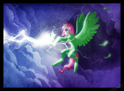 Size: 1600x1186 | Tagged: safe, artist:opalacorn, oc, oc only, species:pony, cloud, flying, lightning, solo, storm