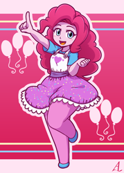 Size: 1000x1400 | Tagged: safe, artist:acesrockz, character:pinkie pie, my little pony:equestria girls, balloon, clothing, cute, cutie mark, diapinkes, female, looking at you, raised leg, smiling, solo