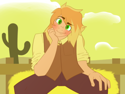 Size: 1024x768 | Tagged: safe, artist:timidwithapen, character:braeburn, species:human, blushing, clothing, humanized, male, solo