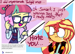 Size: 1378x999 | Tagged: safe, artist:psychodiamondstar, character:sour sweet, character:sunset shimmer, my little pony:equestria girls, cellphone, crying, disguise, female, impersonating, implied lesbian, implied sci-twi, implied twilight sparkle, joke, phone, prank, sad, story included, telephone