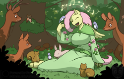 Size: 1200x766 | Tagged: safe, artist:ethanqix, character:fluttershy, species:anthro, species:bird, species:deer, species:owl, species:pony, species:rabbit, animal, big breasts, breasts, busty fluttershy, clothing, female, forest, hoof feet, mare, singing, smiling, squirrel