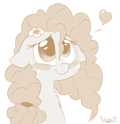 Size: 1400x1440 | Tagged: safe, artist:fakskis, character:pear butter, species:earth pony, species:pony, episode:the perfect pear, g4, my little pony: friendship is magic, blushing, bust, buttercup, chest fluff, cute, female, floating heart, floppy ears, flower, flower in hair, freckles, gray background, heart, lidded eyes, looking up, mare, monochrome, neck fluff, pearabetes, pictogram, portrait, simple background, sketch, smiling, solo, spoken heart