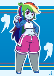 Size: 1000x1400 | Tagged: safe, artist:acesrockz, character:rainbow dash, my little pony:equestria girls, belly button, clothing, female, grin, hand on hip, looking at you, midriff, multicolored hair, shirt, short shirt, shorts, smiling, solo