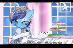Size: 3200x2092 | Tagged: safe, artist:avchonline, character:minuette, species:pony, species:unicorn, g4, arm hooves, ballerina, bipedal, black bars, bow, breasts, canterlot royal ballet academy, clothing, cookie, dress, engrish, female, food, frilly dress, gloves, hair bow, jewelry, lace, long gloves, macaron, makeup, mare, poofy shoulders, ribbon, semi-anthro, solo, tiara, tutu