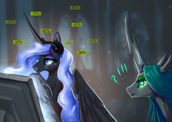 Size: 1157x818 | Tagged: safe, artist:begasus, character:nightmare moon, character:princess luna, character:queen chrysalis, species:alicorn, species:changeling, species:pony, ship:chrysmoon, changeling queen, claw, computer, cute, cutealis, female, lesbian, missing accessory, moonabetes, shipping, smiling, steam sale, steam summer sale, this will end in bankruptcy
