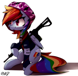 Size: 1280x1250 | Tagged: safe, artist:bloodatius, character:rainbow dash, species:pony, chinese, clothing, female, gun, hibana, hoodie, kanji, rainbow six siege, rifle, simple background, sitting, solo, type 89, weapon, white background