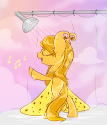 Size: 2000x2343 | Tagged: safe, artist:meekcheep, oc, oc only, oc:dawn gleam, species:mothpony, species:pony, bipedal, eyes closed, female, fluffy, mare, music notes, original species, shower, showering, singing, singing in the shower, solo, unshorn fetlocks