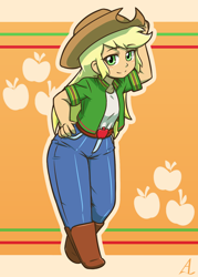 Size: 1000x1400 | Tagged: safe, artist:acesrockz, character:applejack, my little pony:equestria girls, clothing, cowboy hat, cutie mark background, female, hat, looking at you, pants, solo, stetson