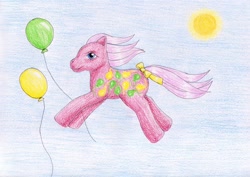 Size: 1024x723 | Tagged: safe, artist:normaleeinsane, species:pony, episode:up up and away, g1, my little pony tales, balloon, bow, female, solo, tail bow, traditional art