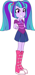 Size: 1450x3099 | Tagged: safe, artist:namygaga, oc, oc only, oc:melody sound, parent:aria blaze, parent:sonata dusk, parents:arisona, species:pony, arm behind back, boots, clothing, cute, female, grin, looking at you, magical lesbian spawn, next generation, offspring, pigtails, pleated skirt, shoes, simple background, skirt, smiling, sneakers, solo, transparent background, twintails