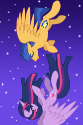Size: 3000x4500 | Tagged: safe, artist:rulette, character:flash sentry, character:twilight sparkle, character:twilight sparkle (alicorn), species:alicorn, species:pony, ship:flashlight, absurd resolution, couple, falling, female, love, male, mare, shipping, straight