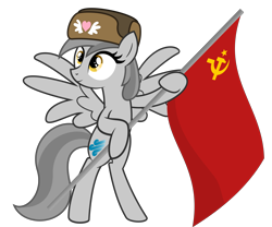 Size: 10000x8333 | Tagged: safe, artist:besttubahorse, oc, oc only, oc:zippy snips, species:pegasus, species:pony, absurd resolution, bipedal, clothing, female, flag, hammer and sickle, hat, hoof hold, mare, simple background, solo, soviet flag, soviet union, spread wings, transparent background, ushanka, vector, wings