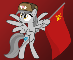 Size: 10000x8333 | Tagged: safe, artist:besttubahorse, oc, oc only, oc:zippy snips, species:pegasus, species:pony, absurd resolution, bipedal, clothing, female, flag, gradient background, hammer and sickle, hat, hoof hold, mare, solo, soviet flag, soviet union, spread wings, ushanka, vector, wings